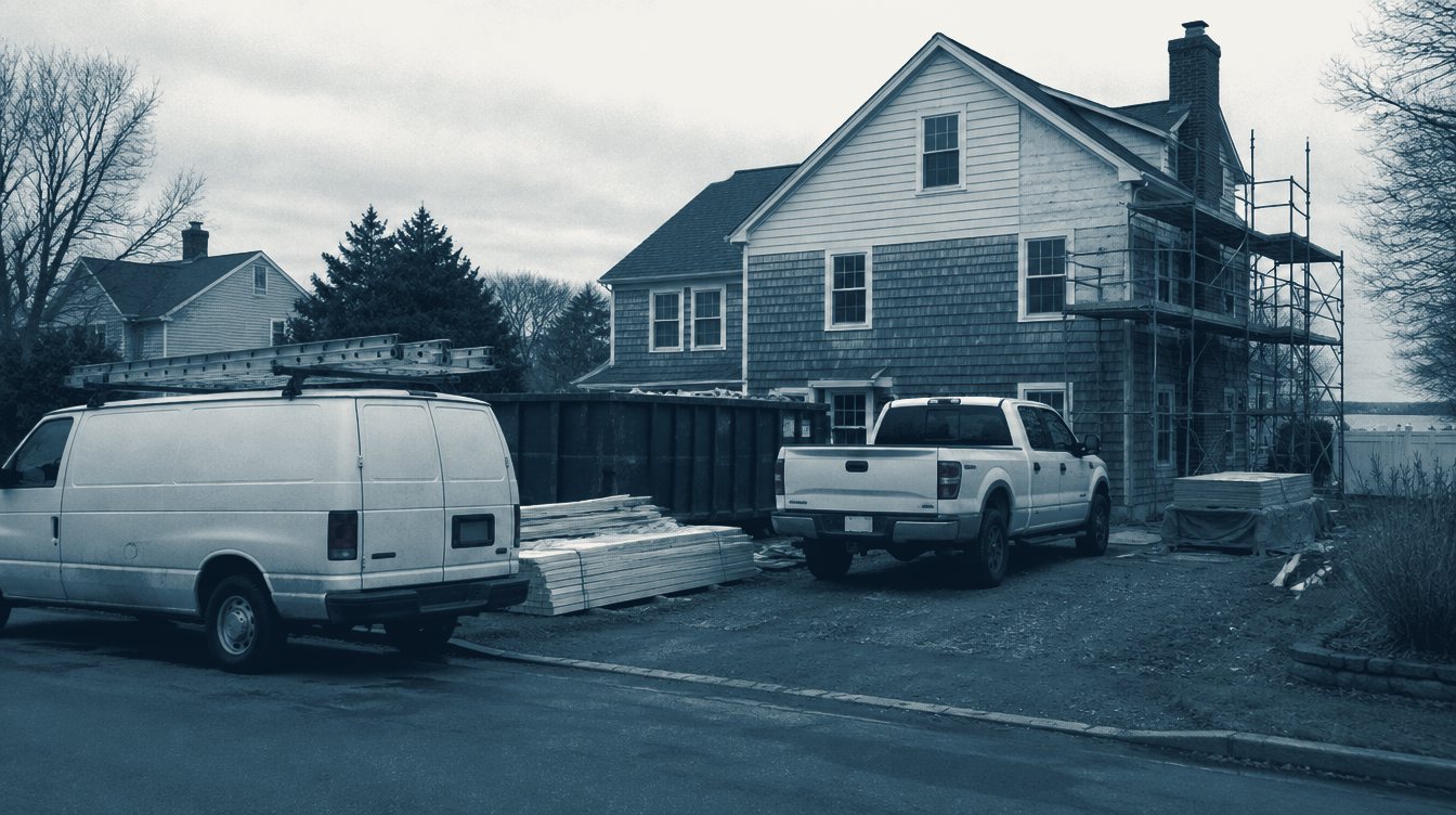 A contractor's van and pickup parked at a half-sided house, with a ladder and stacked lumber