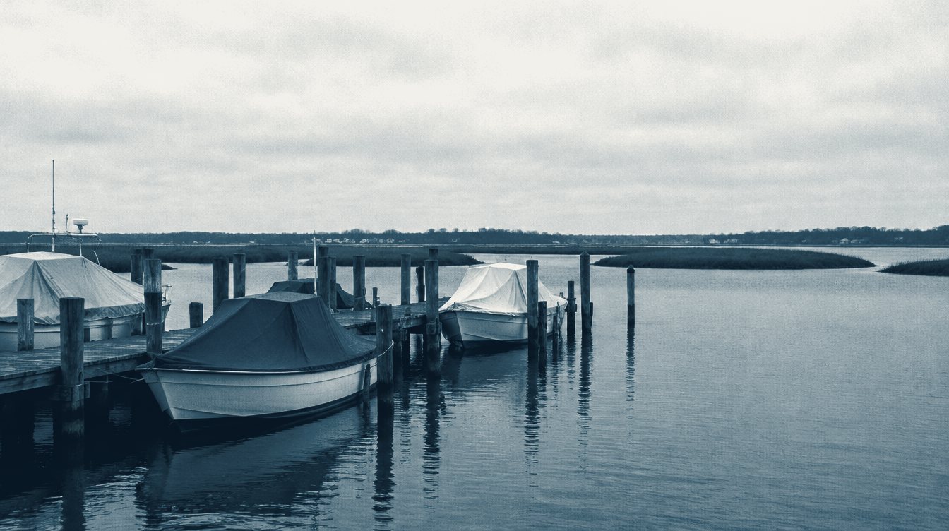 A small working marina on flat grey water, with dock pilings and boats under winter covers